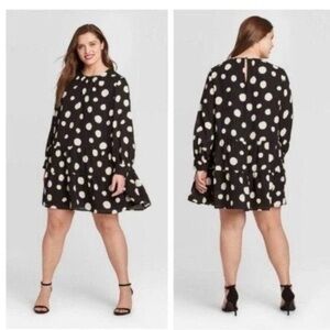 Who What Wear Black and White Midi Dress with Long Bishop Sleeves and Crew Neck